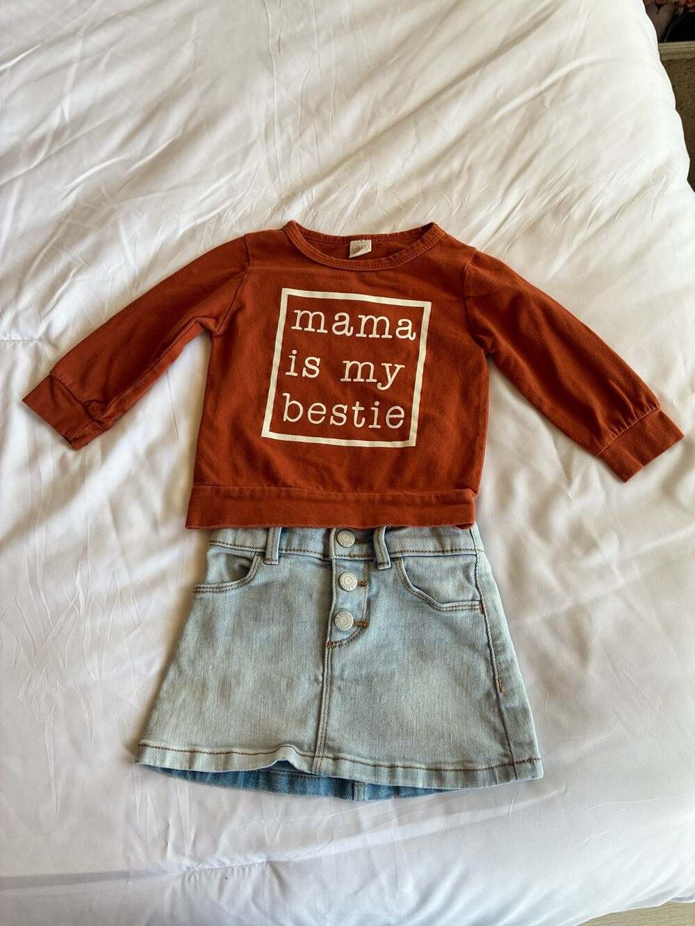 Old Navy Light Wash Denim Skirt and Brown Mama is My Bestie Sweatshirt Outfit 12